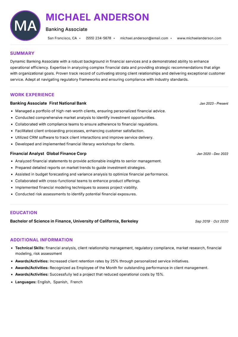 Banking Associate resume example — ATS-friendly template