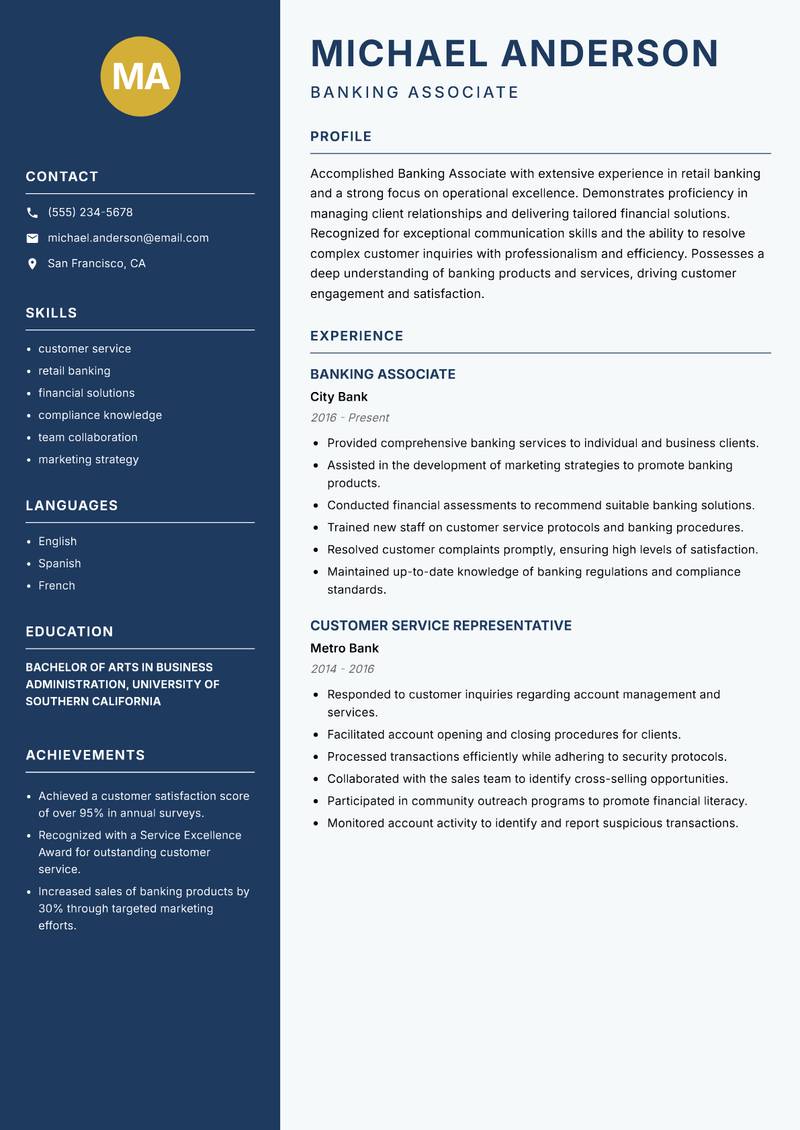 Banking Associate resume template — Classic Clean