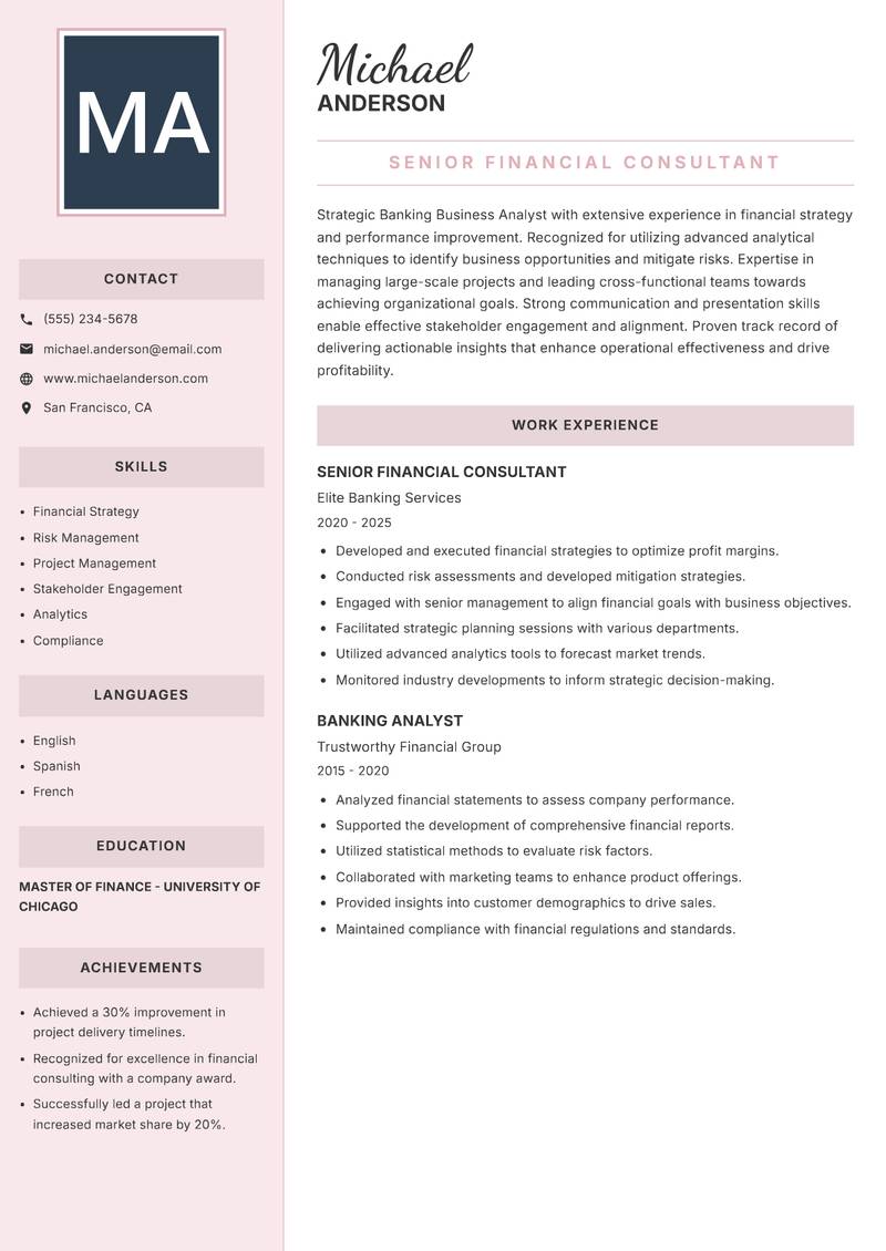 Banking Business Analyst resume template — Executive