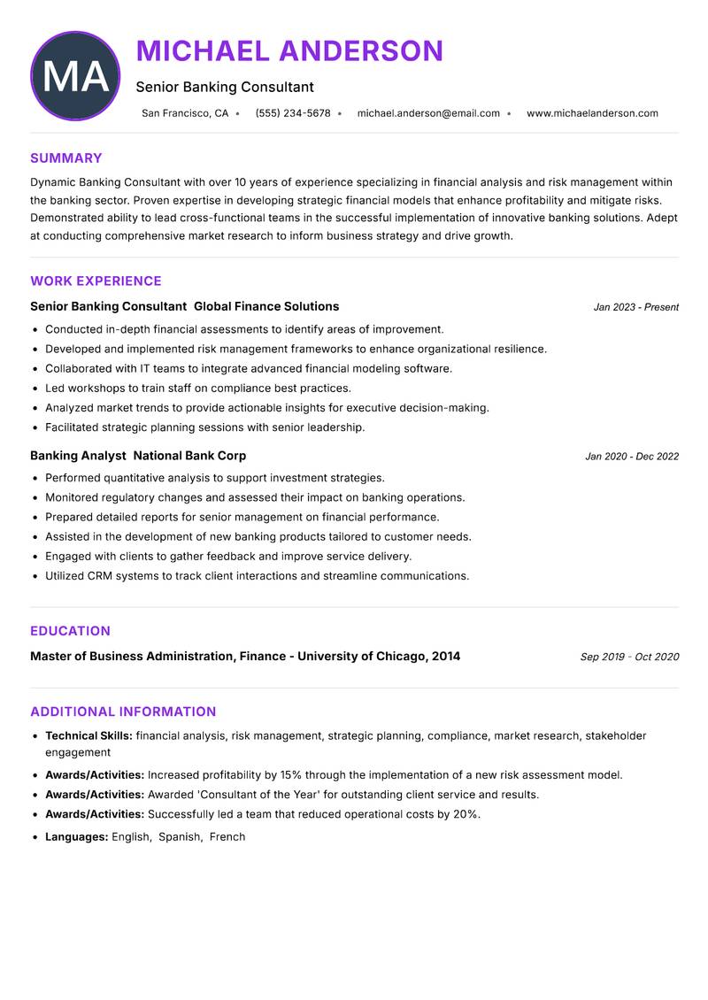 Banking Consultant resume example — ATS-friendly template
