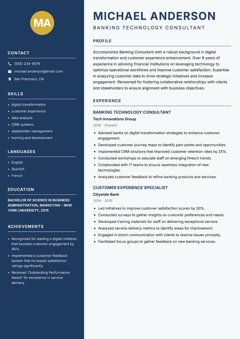 Banking Consultant resume template — Classic Clean