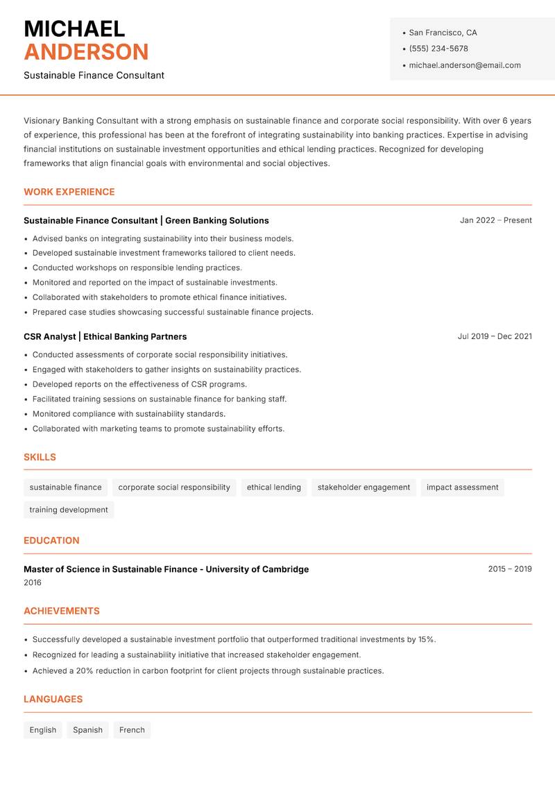 Banking Consultant resume template — Modern Professional