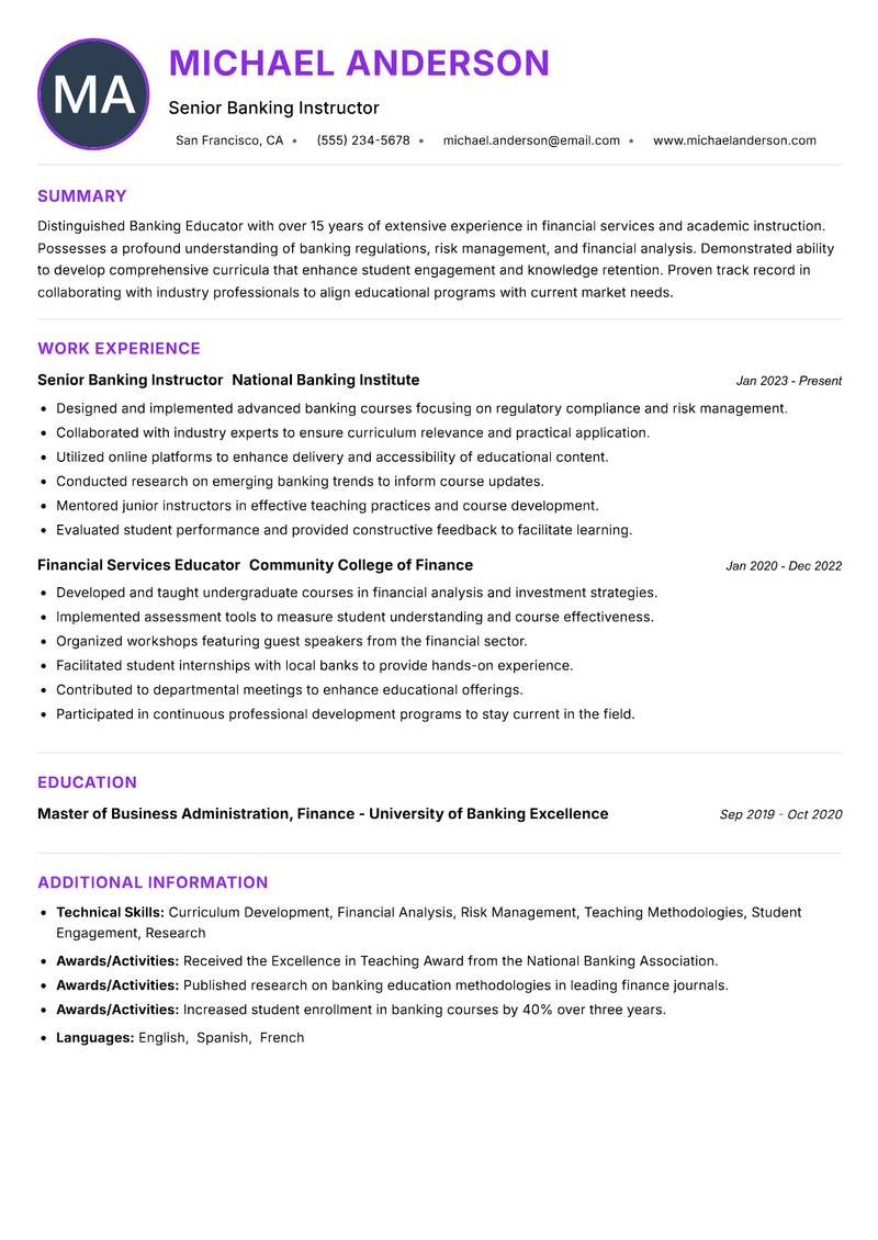 Banking Educator resume example — ATS-friendly template