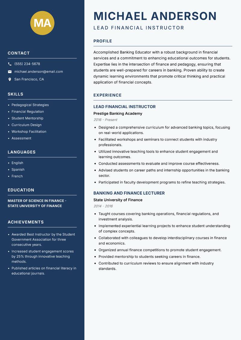 Banking Educator resume template — Classic Clean