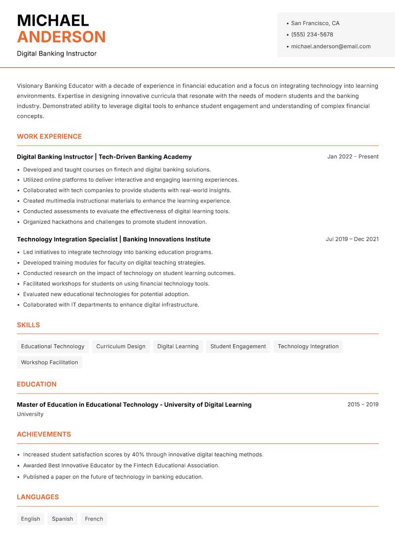 Banking Educator resume template — Modern Professional