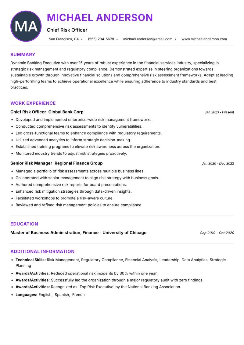 Banking Executive resume example — ATS-friendly template