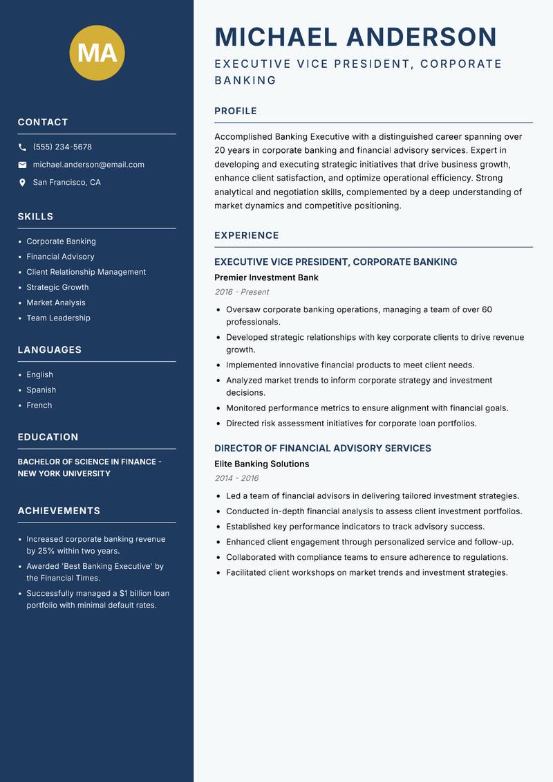 Banking Executive resume template — Classic Clean