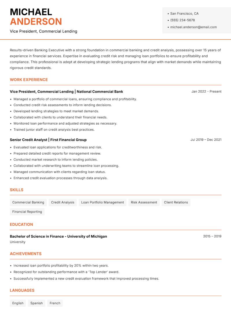Banking Executive resume template — Modern Professional