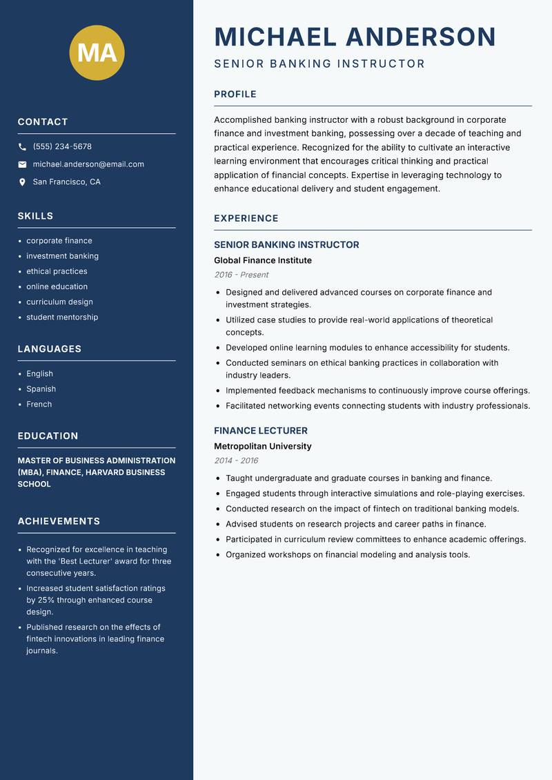 Banking Instructor resume template — Classic Clean