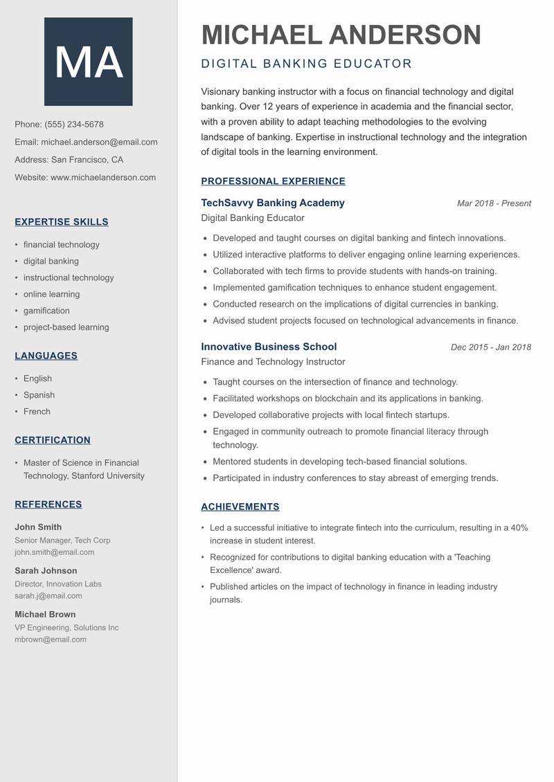 Banking Instructor resume template — Creative Minimal