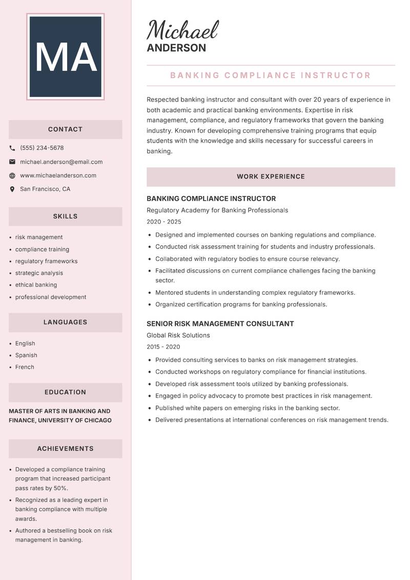 Banking Instructor resume template — Executive