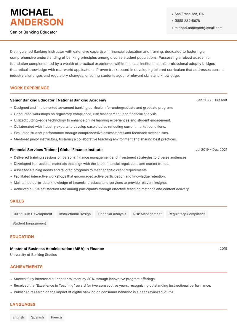 Banking Instructor resume template — Modern Professional