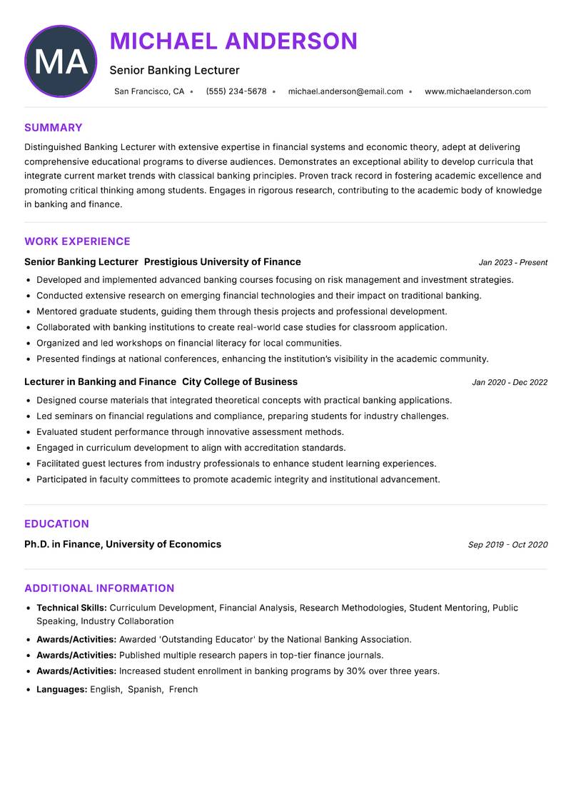 Banking Lecturer resume example — ATS-friendly template