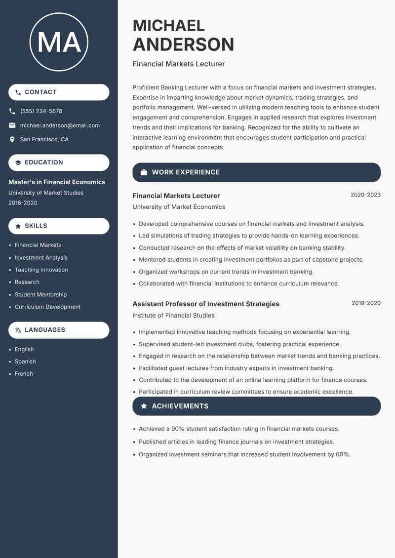 Banking Lecturer resume template — Compact