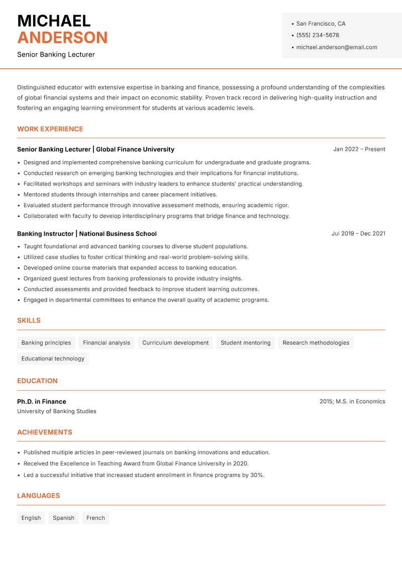 Banking Lecturer resume template — Modern Professional