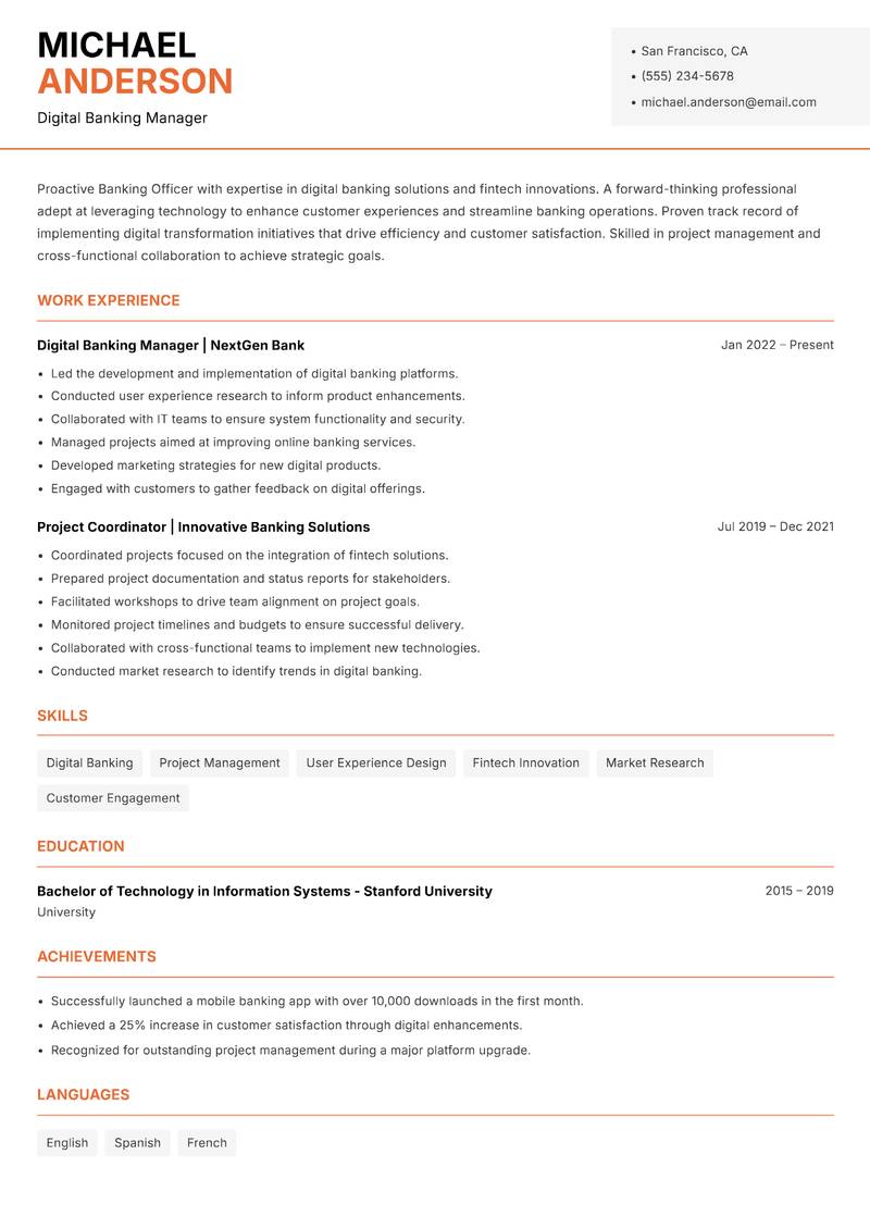 Banking Officer resume template — Modern Professional