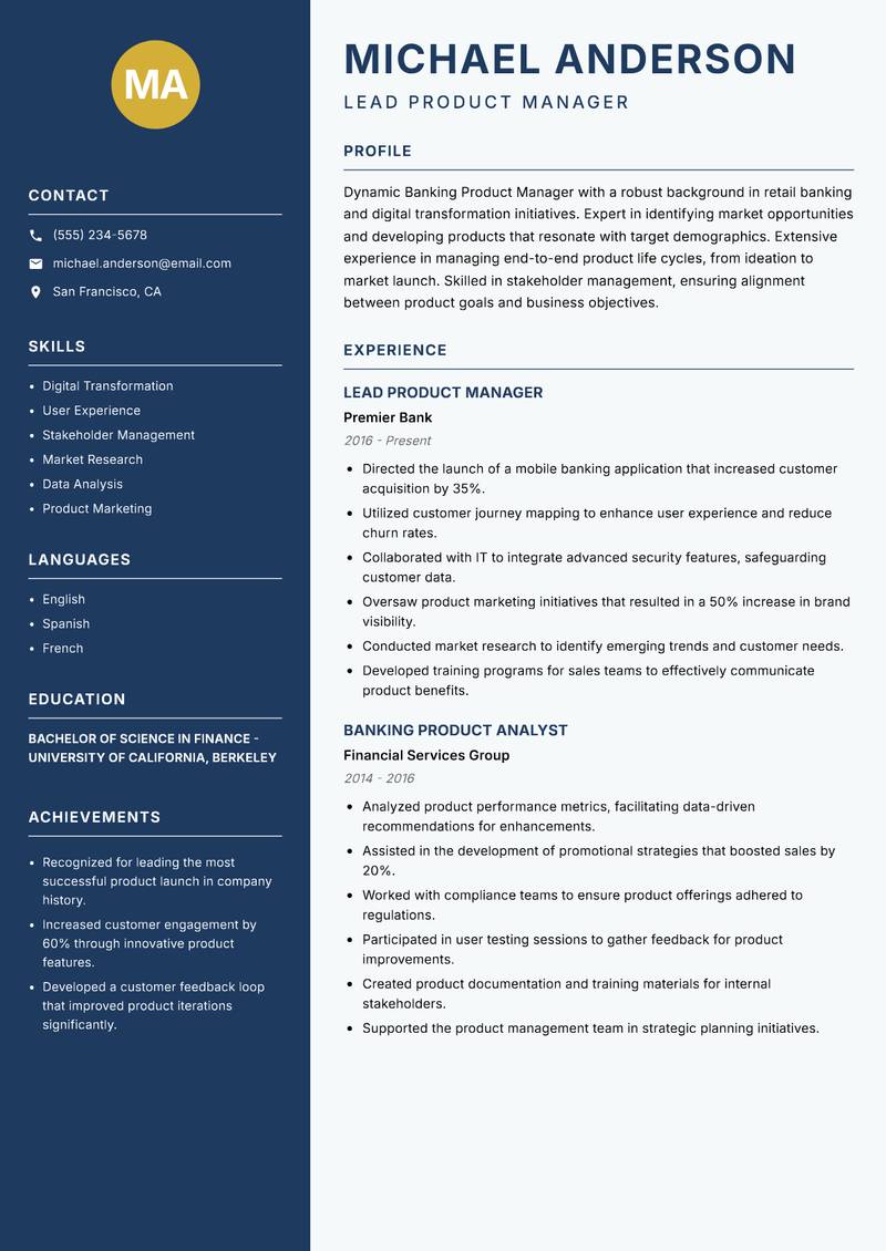 Banking Product Manager resume template — Classic Clean