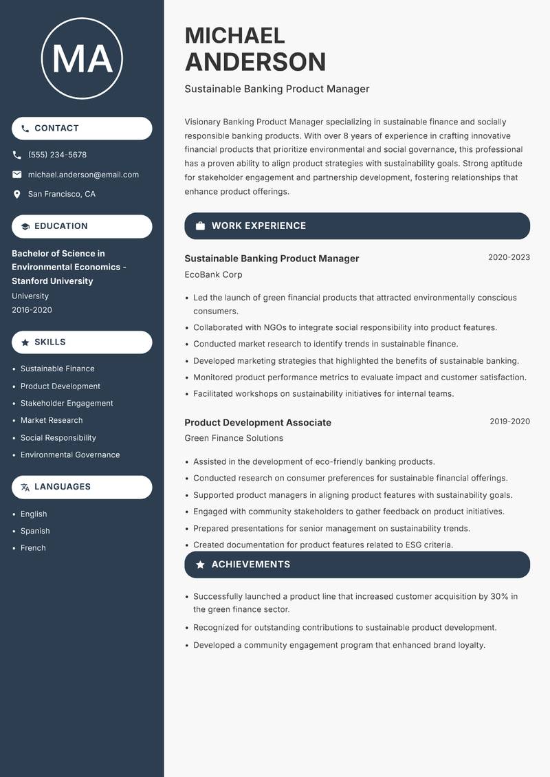 Banking Product Manager resume template — Compact