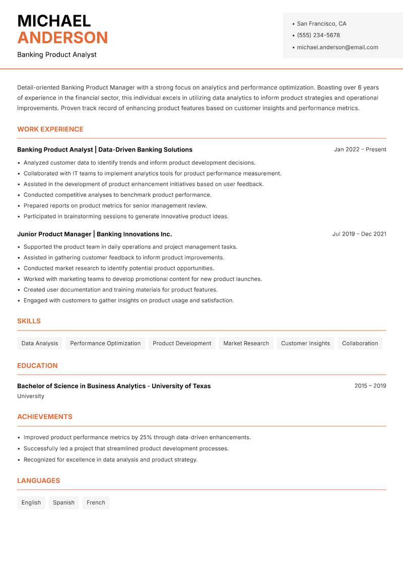 Banking Product Manager resume template — Modern Professional