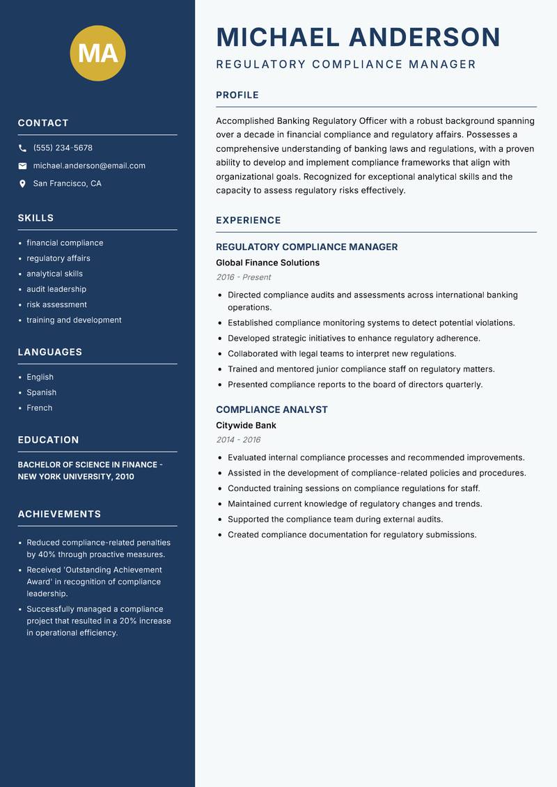 Banking Regulatory Officer resume template — Classic Clean