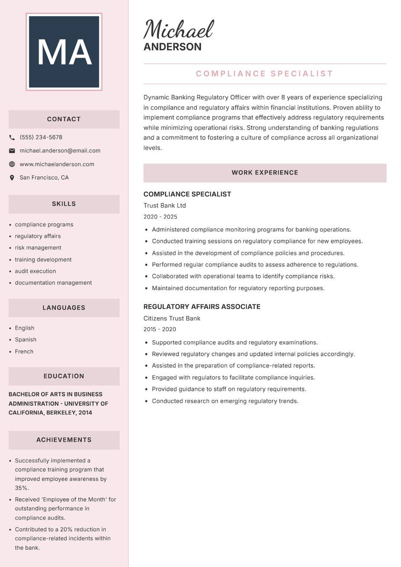 Banking Regulatory Officer resume template — Executive