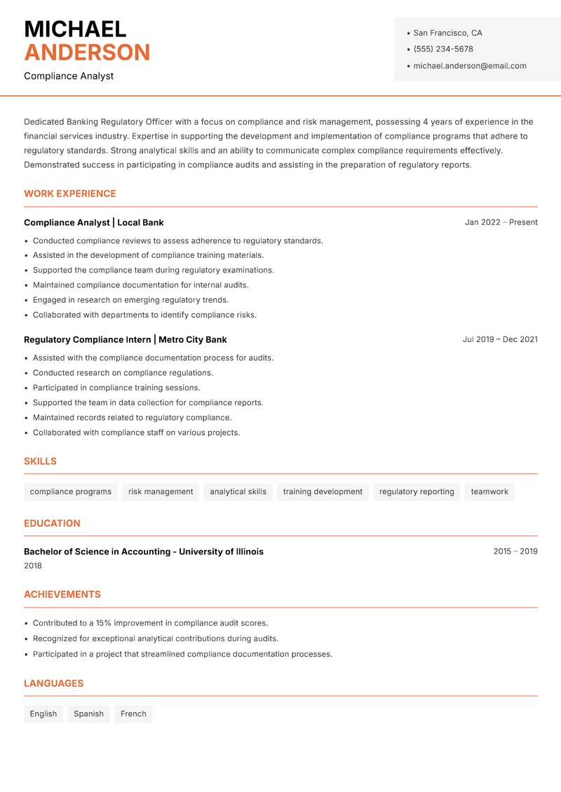 Banking Regulatory Officer resume template — Modern Professional