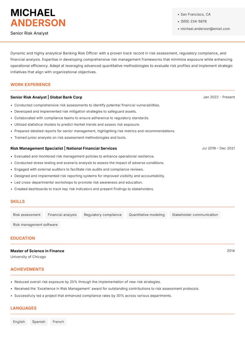 Banking Risk Officer resume template — Modern Professional