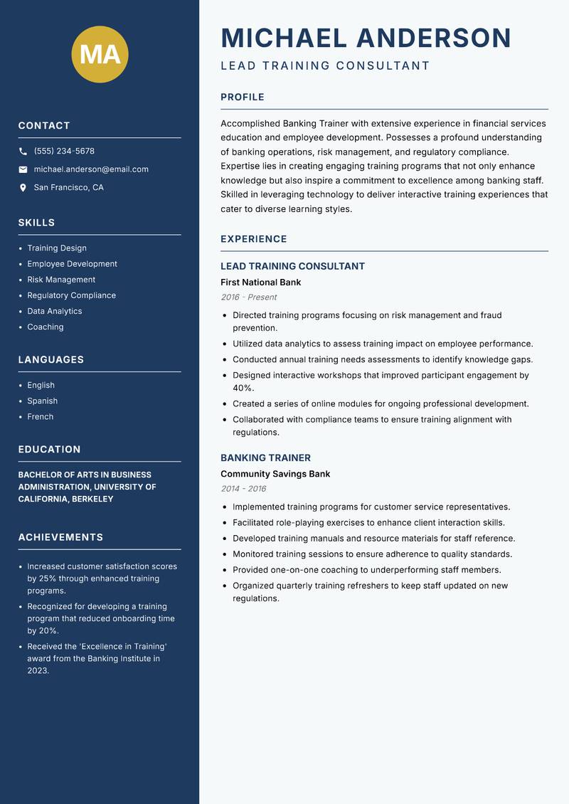 Banking Trainer resume template — Classic Clean