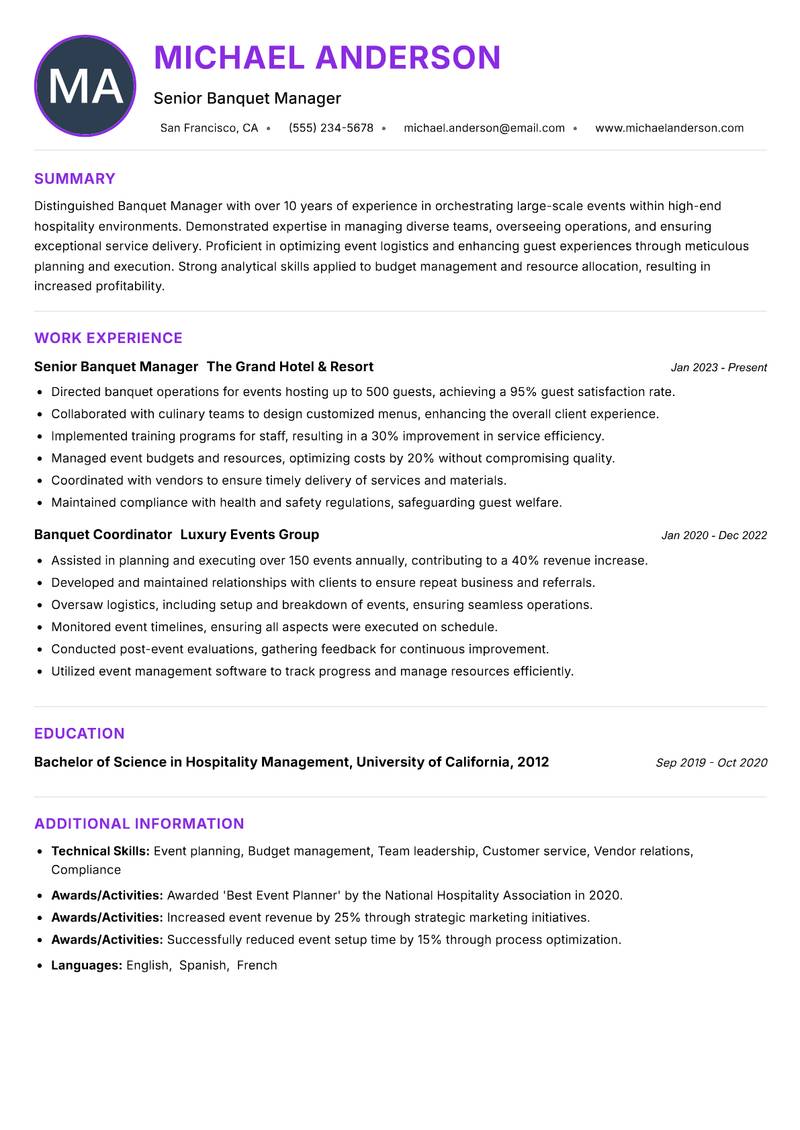 Banquet Manager resume example — Hospitality