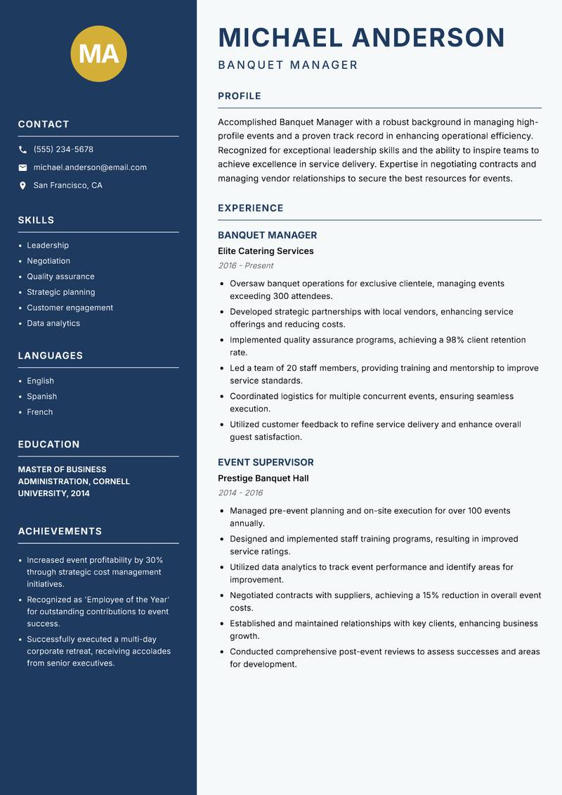 Banquet Manager resume template — Classic Clean