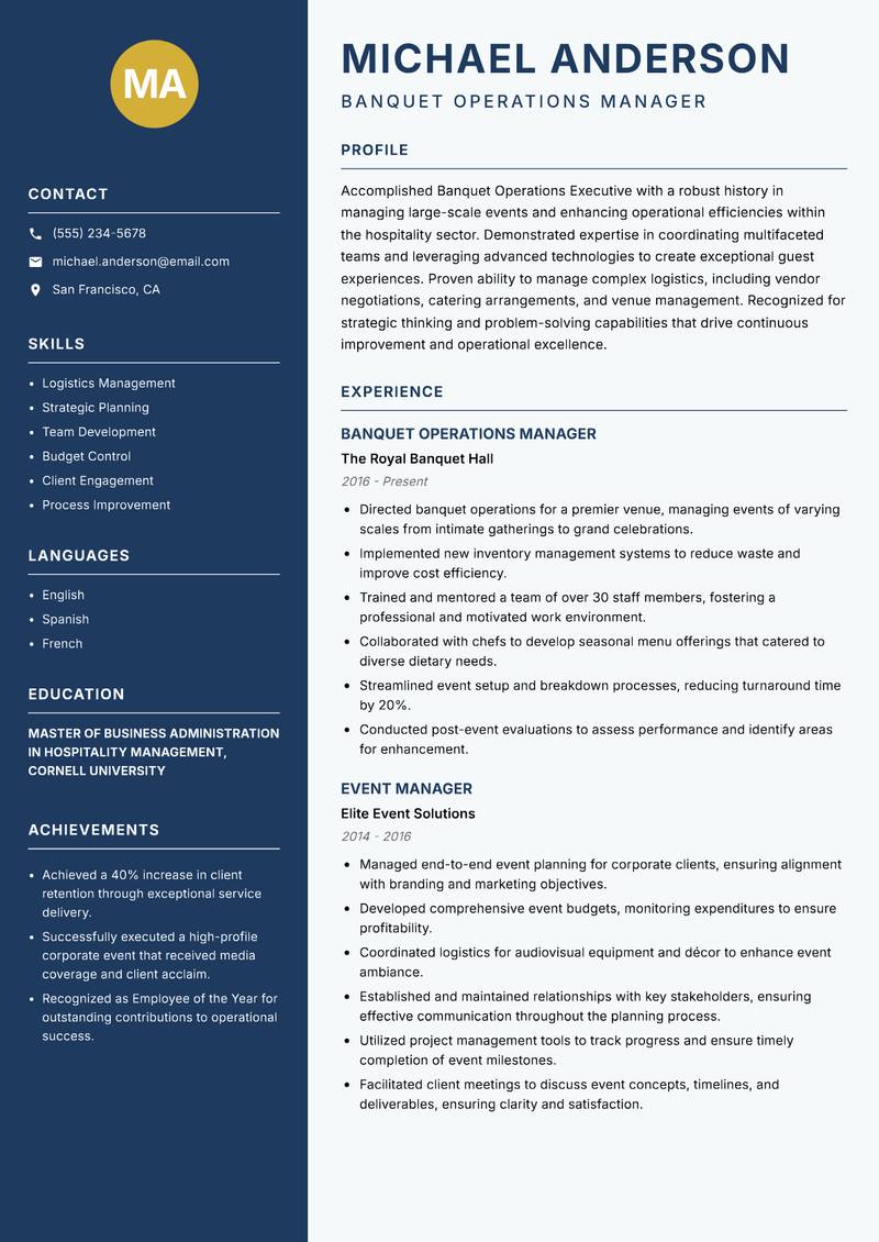 Banquet Operations Executive resume template — Classic Clean