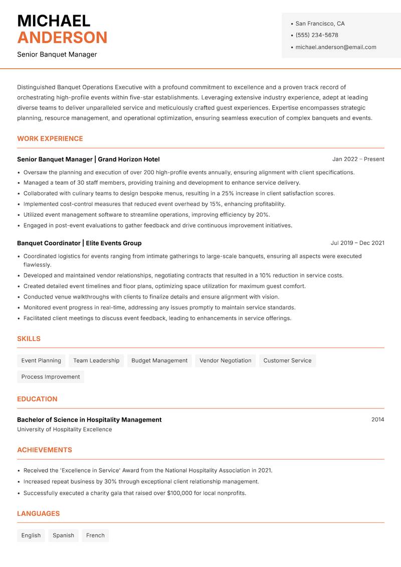 Banquet Operations Executive resume template — Modern Professional