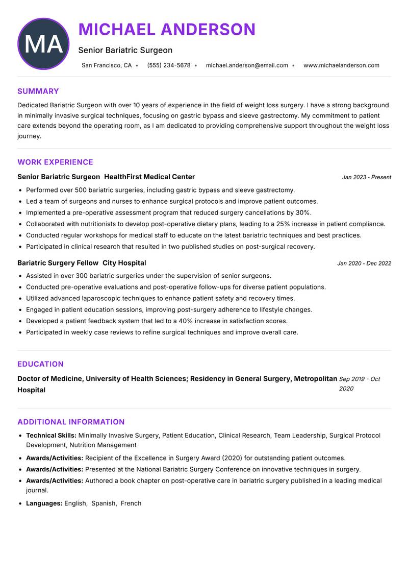 Bariatric Surgeon resume example — ATS-friendly template