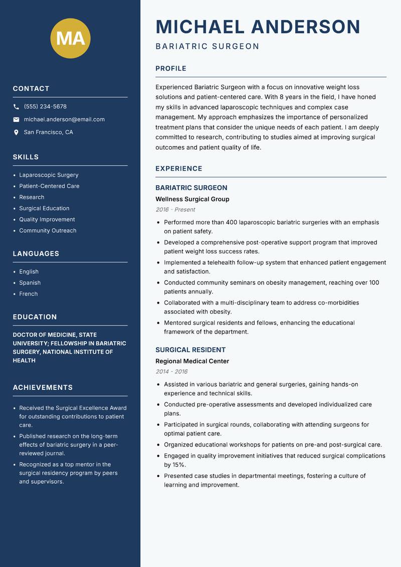 Bariatric Surgeon resume template — Classic Clean