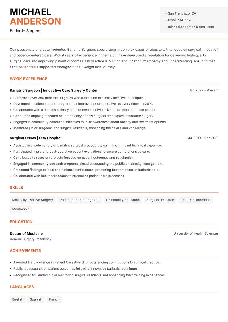 Bariatric Surgeon resume template — Modern Professional