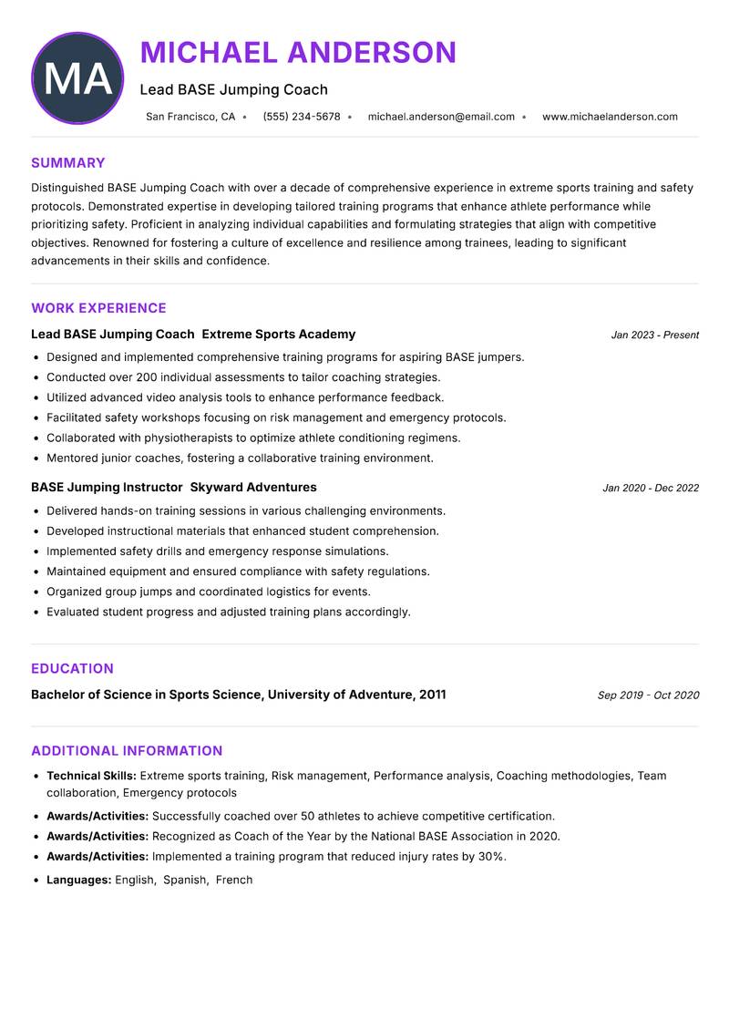 BASE Jumping Coach resume example — ATS-friendly template