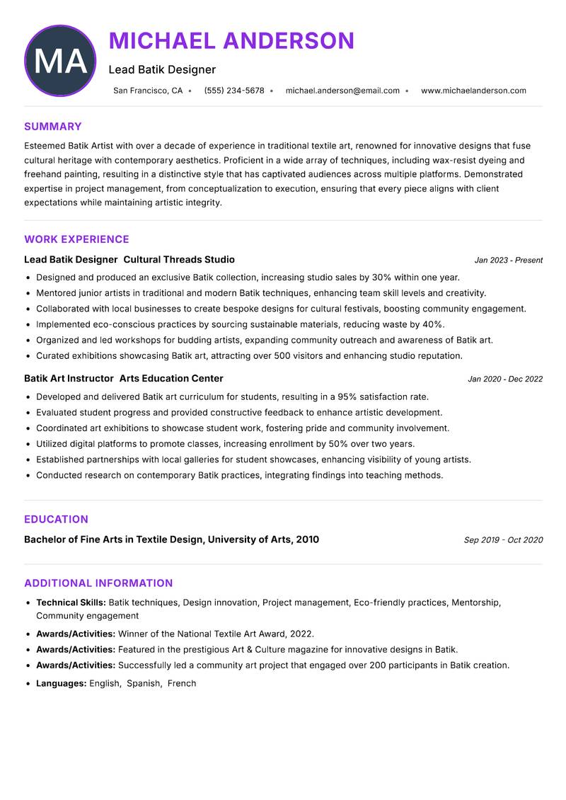 Batik Artist resume example — ATS-friendly template