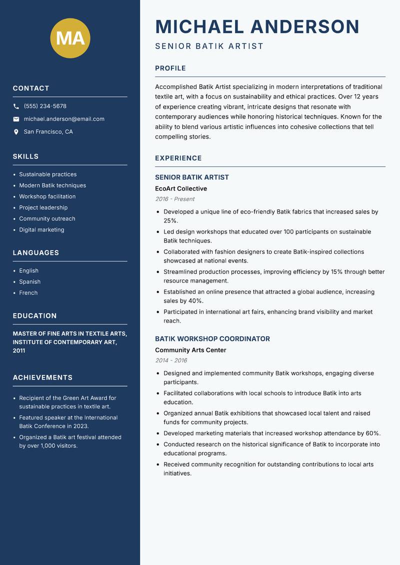 Batik Artist resume template — Classic Clean