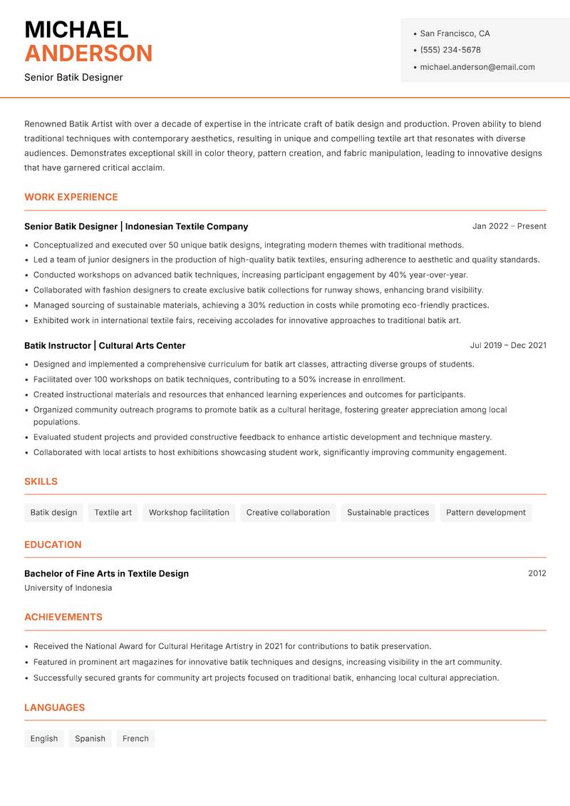 Batik Artist resume template — Modern Professional