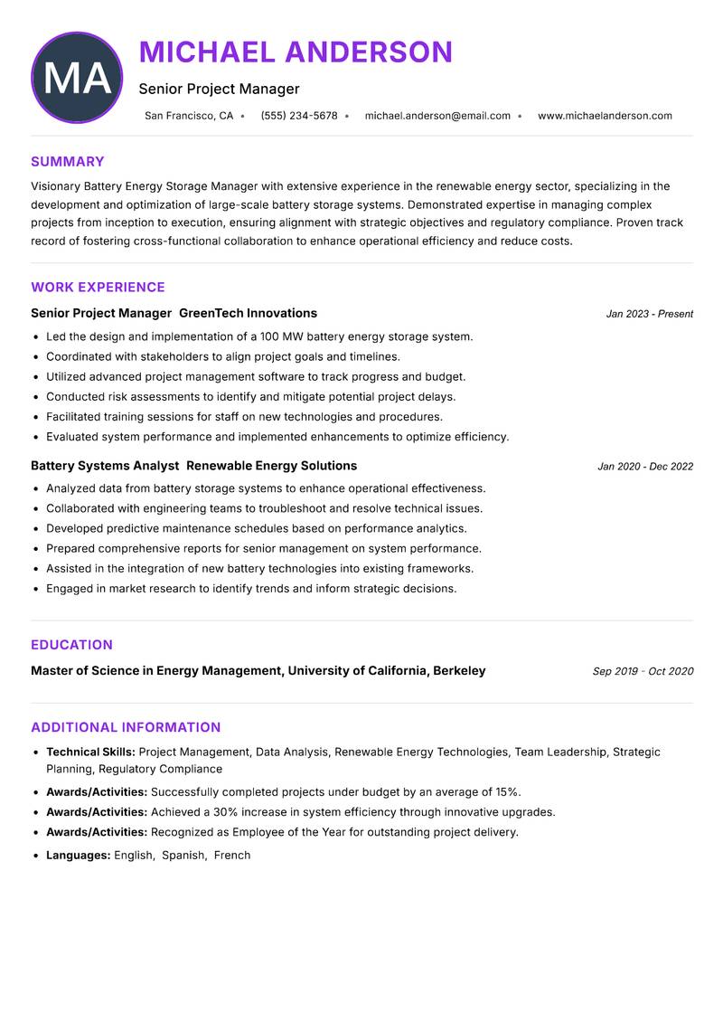 Battery Energy Storage Manager resume example — Energy Storage