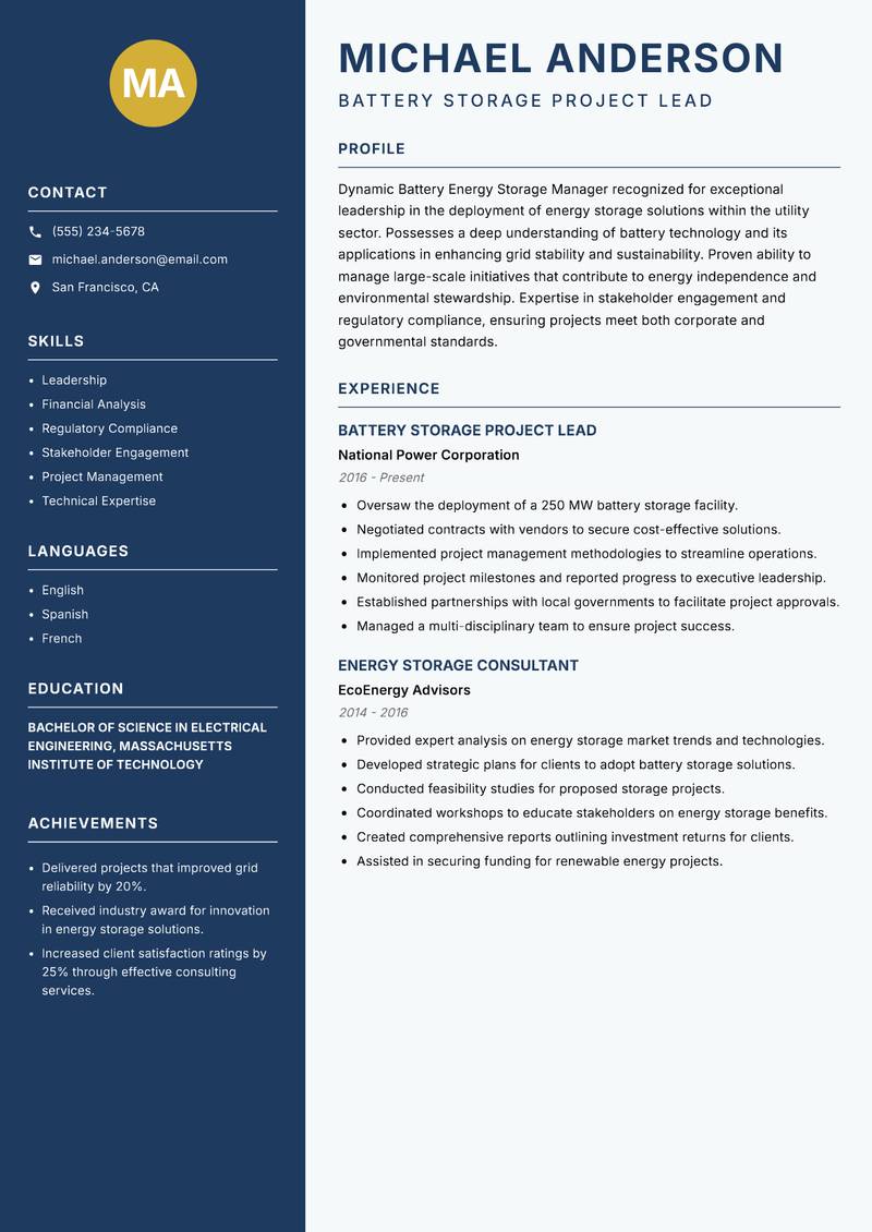 Battery Energy Storage Manager resume template — Classic Clean