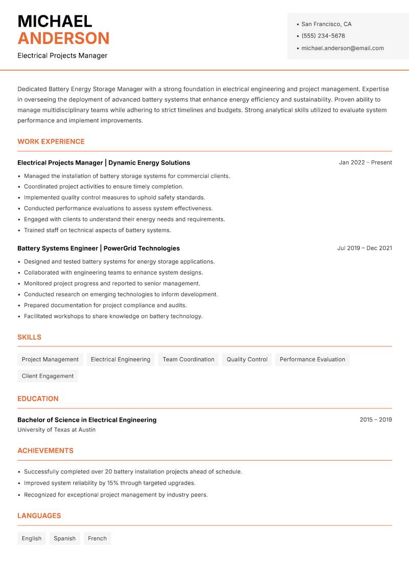 Battery Energy Storage Manager resume template — Modern Professional