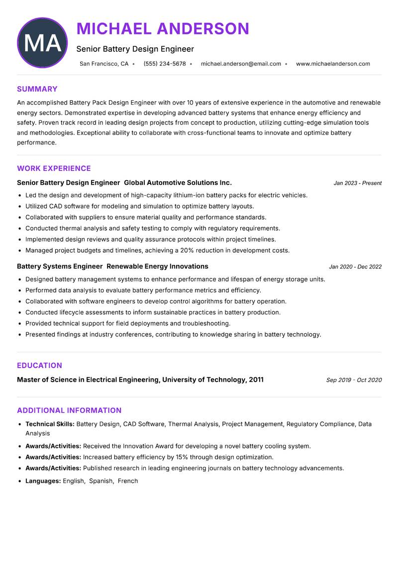 Battery Pack Design Engineer resume example — ATS-friendly template