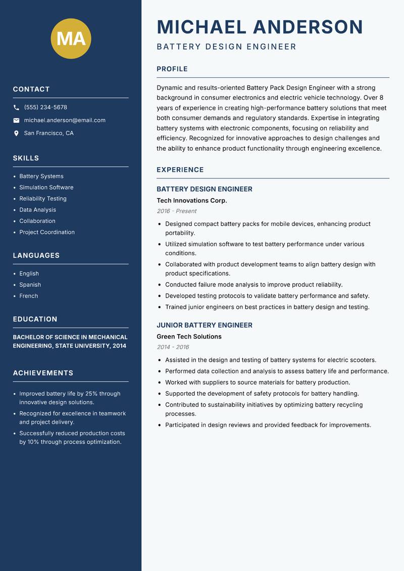 Battery Pack Design Engineer resume template — Classic Clean