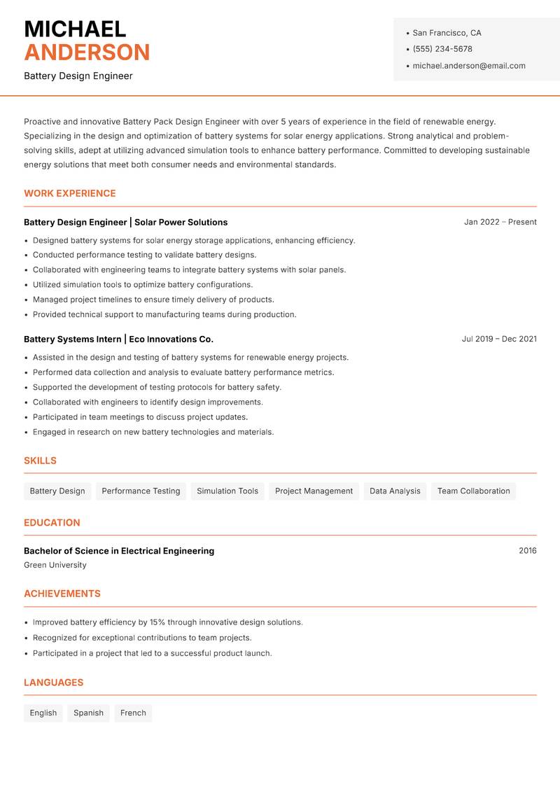 Battery Pack Design Engineer resume template — Modern Professional