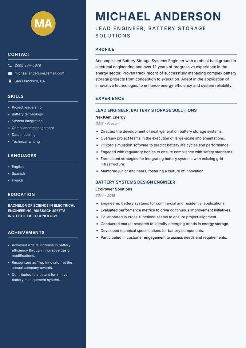 Battery Storage Systems Engineer resume template — Classic Clean