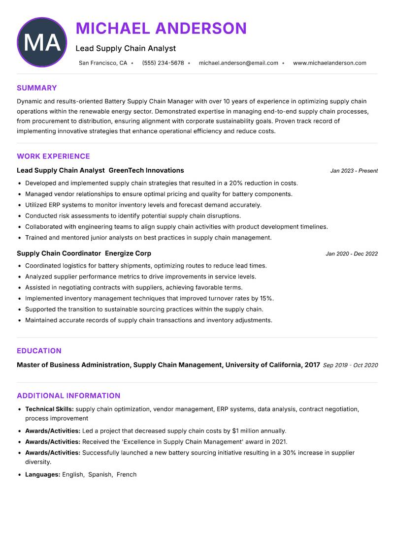 Battery Supply Chain Manager resume example — ATS-friendly template