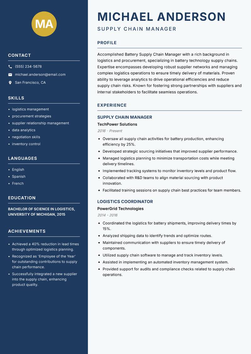 Battery Supply Chain Manager resume template — Classic Clean