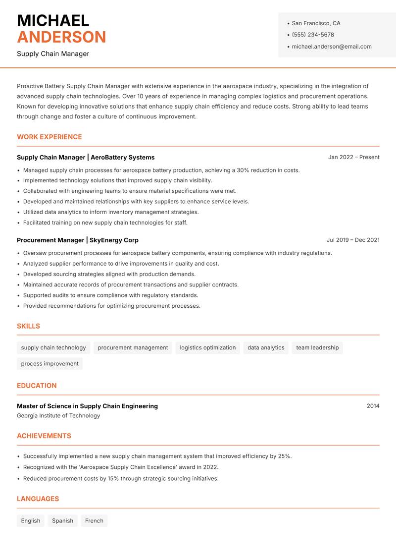 Battery Supply Chain Manager resume template — Modern Professional