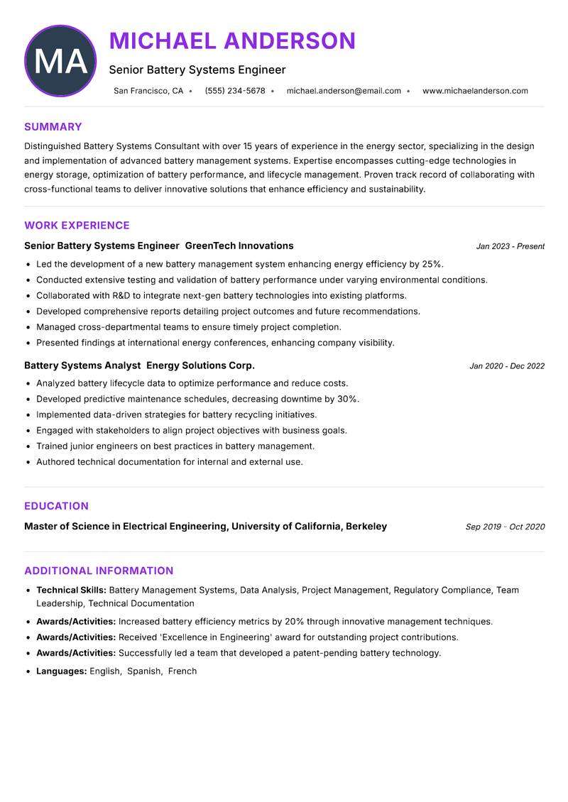 Battery Systems Consultant resume example — ATS-friendly template
